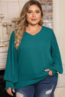 Green Pleated Bubble Sleeve Plus Size Blouse - SELFTRITSS