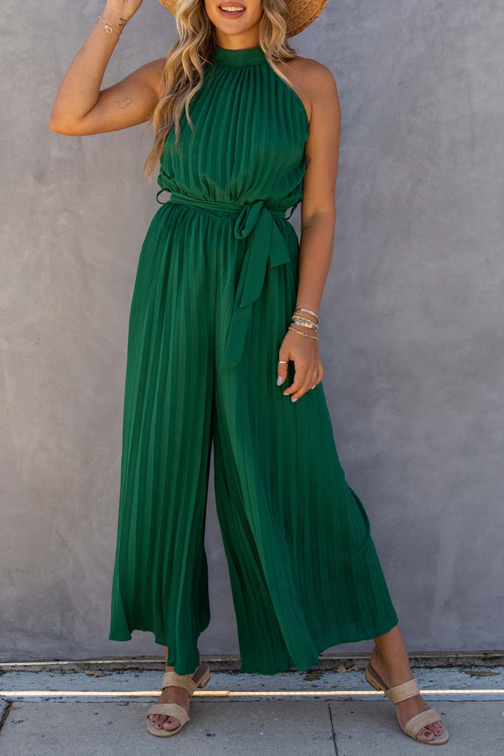 Green Halter Neck Pleated Wide Leg Jumpsuit with Belt - SELFTRITSS   