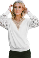 White Lace Splicing V Neck Puff Sleeve Top - SELFTRITSS