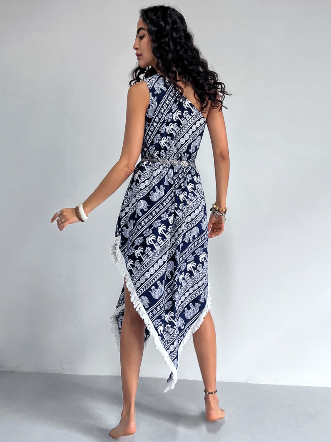 Fringe Printed Single Shoulder Dress - SELFTRITSS