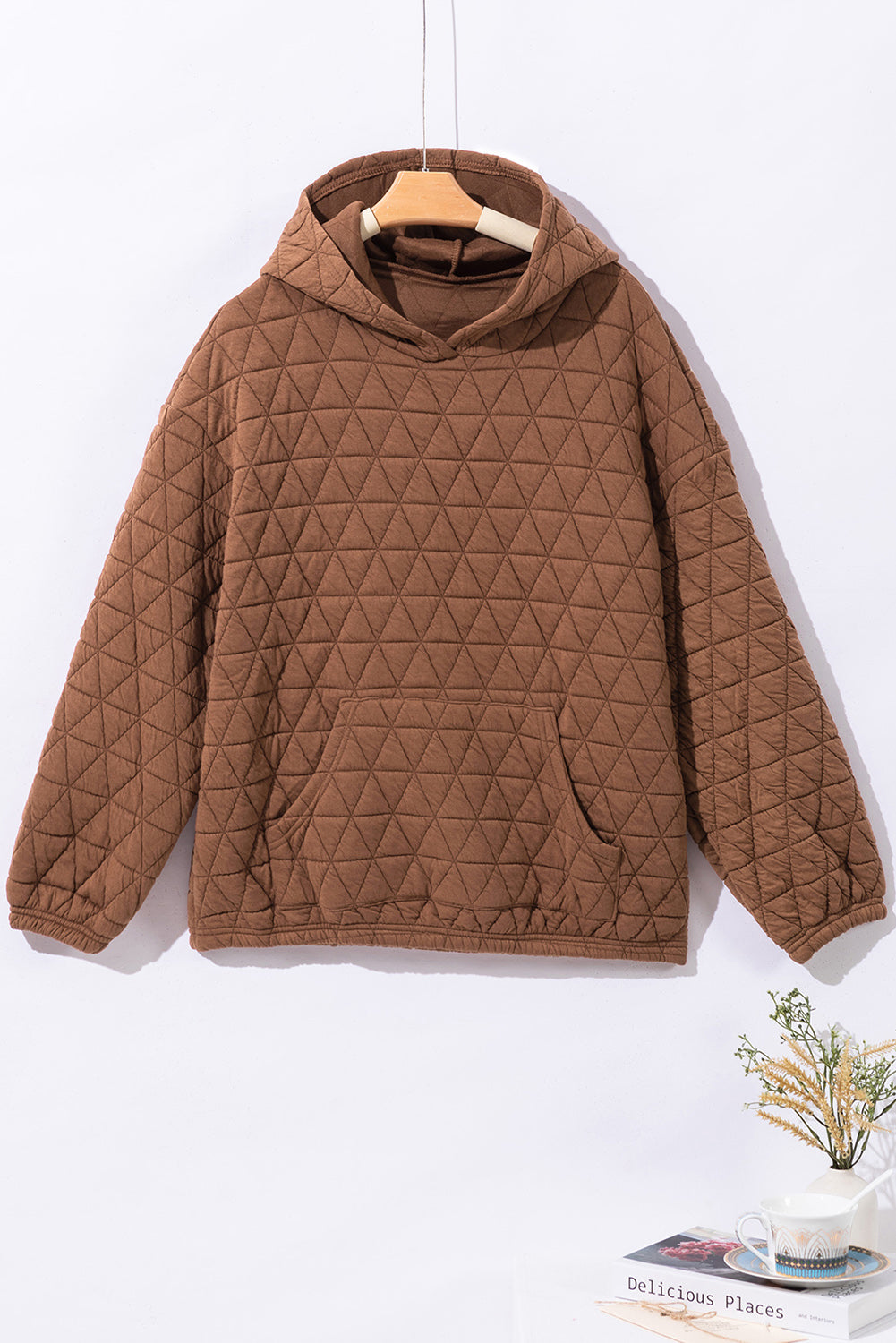 Coffee Solid Color Quilted Kangaroo Pocket Hoodie - SELFTRITSS   