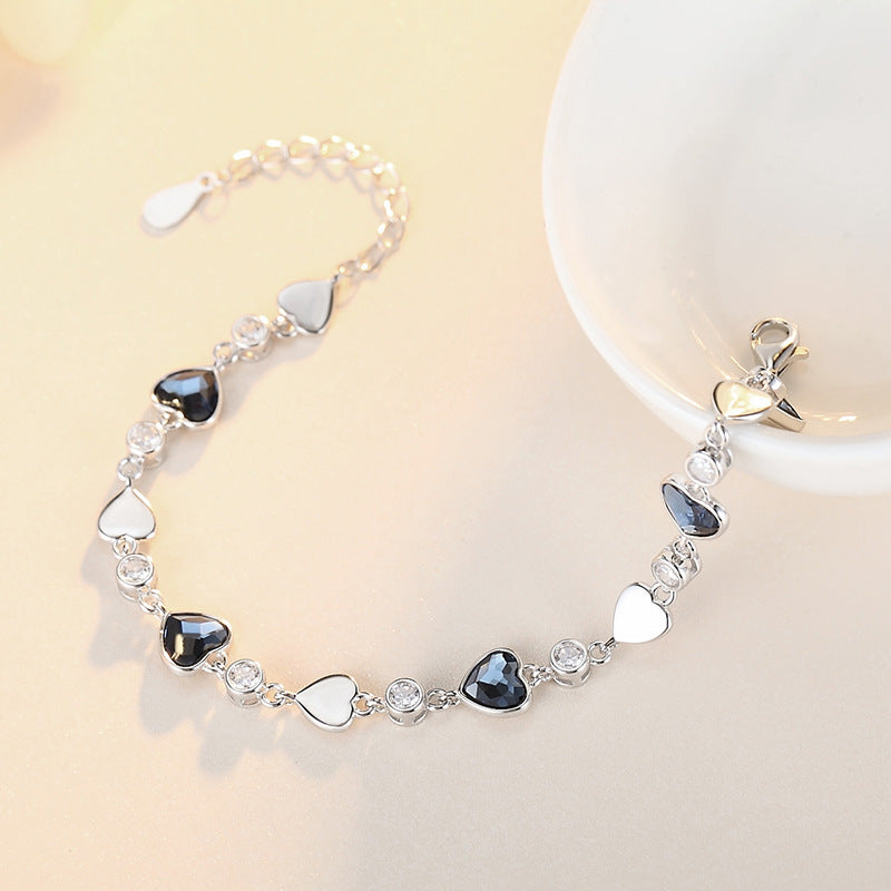 925 Sterling Silver Crystal Love Heart Linked Charm Bracelet