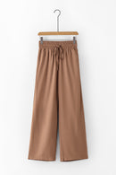 Brown Drawstring Elastic Waist Casual Wide Leg Pants - SELFTRITSS   