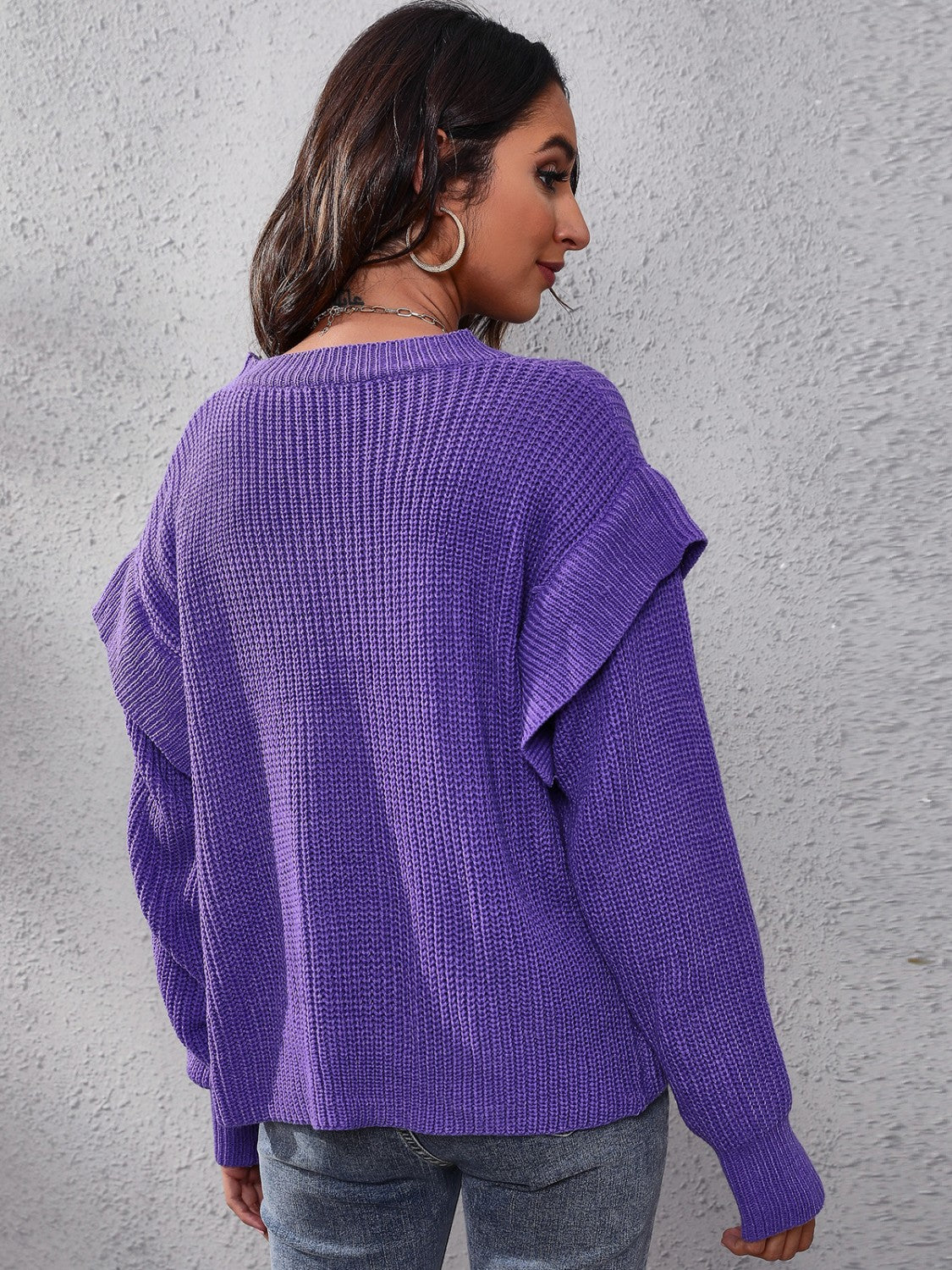 Lilac Chic Ruffled Long Sleeve Shoulder Sweater