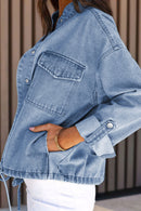 Sky Blue Roll-Up Tab Sleeve Button Down Pocket Denim Jacket - SELFTRITSS   