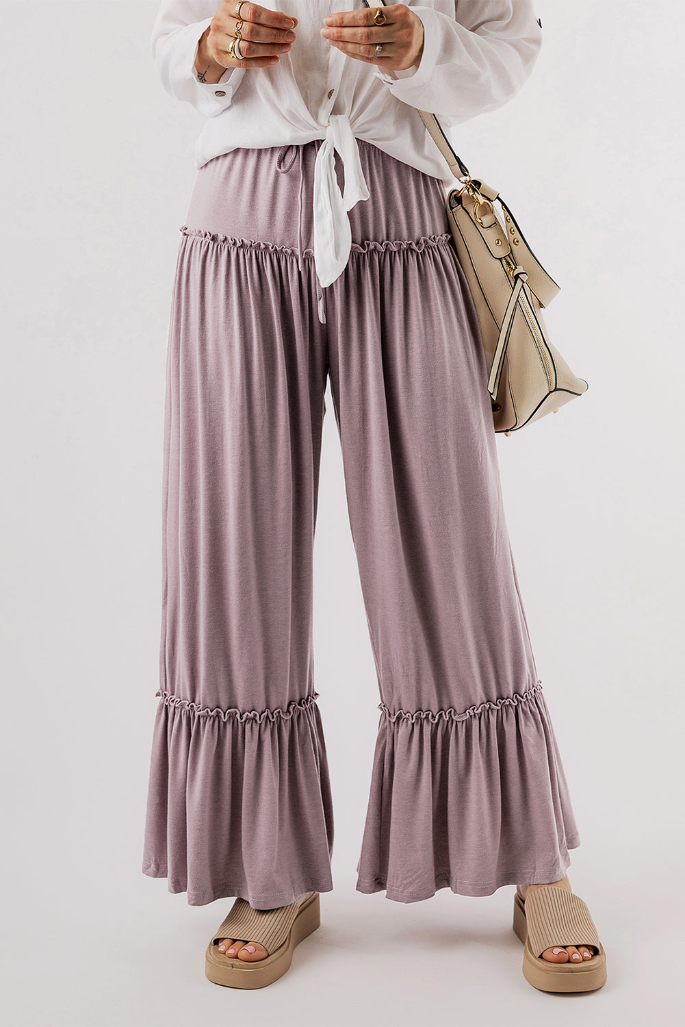 Khaki Frilled Drawstring High Waist Wide Leg Pants - SELFTRITSS   