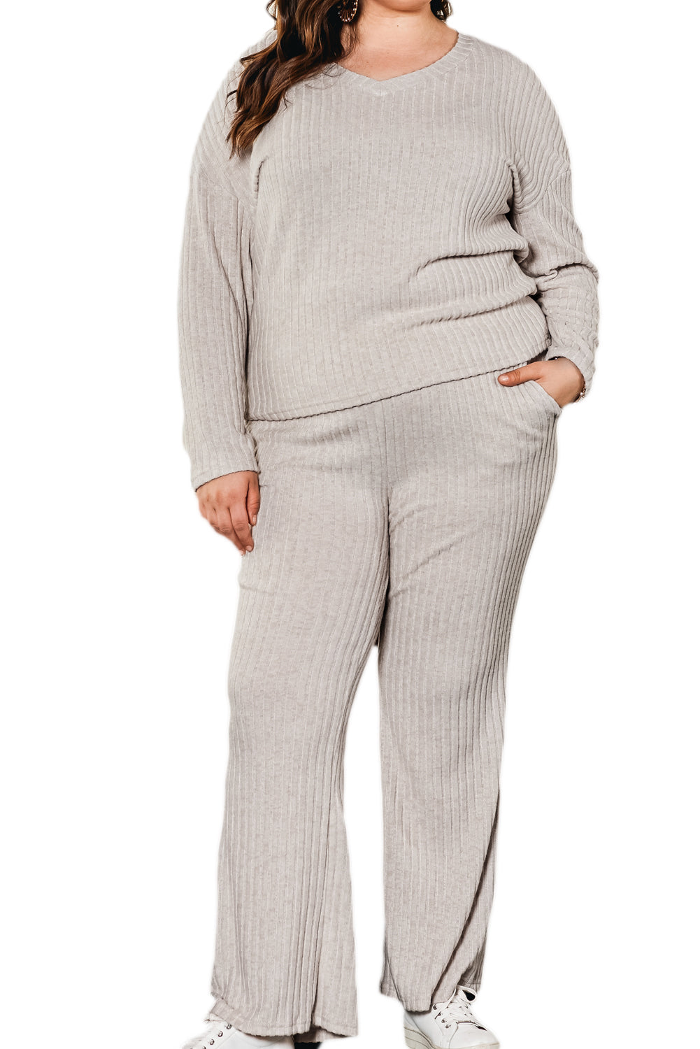 Parchment Plus Size Ribbed V Neck Pullover and Pants Set - SELFTRITSS