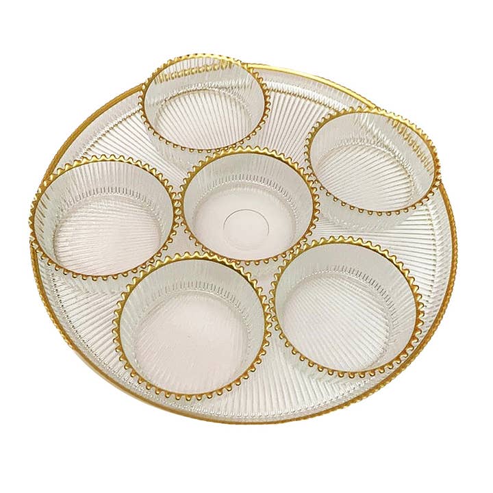 12"D Glass Seder Tray with Gold Beaded Trim - with 6 Bowls