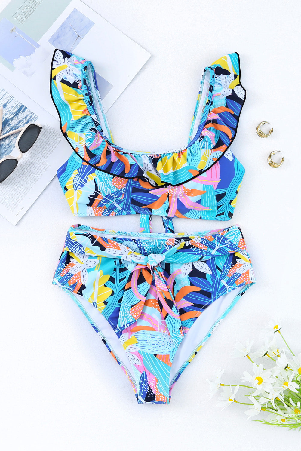 Green Tropical Print Ruffled Square Neck Tie High Waist Swimsuit - SELFTRITSS