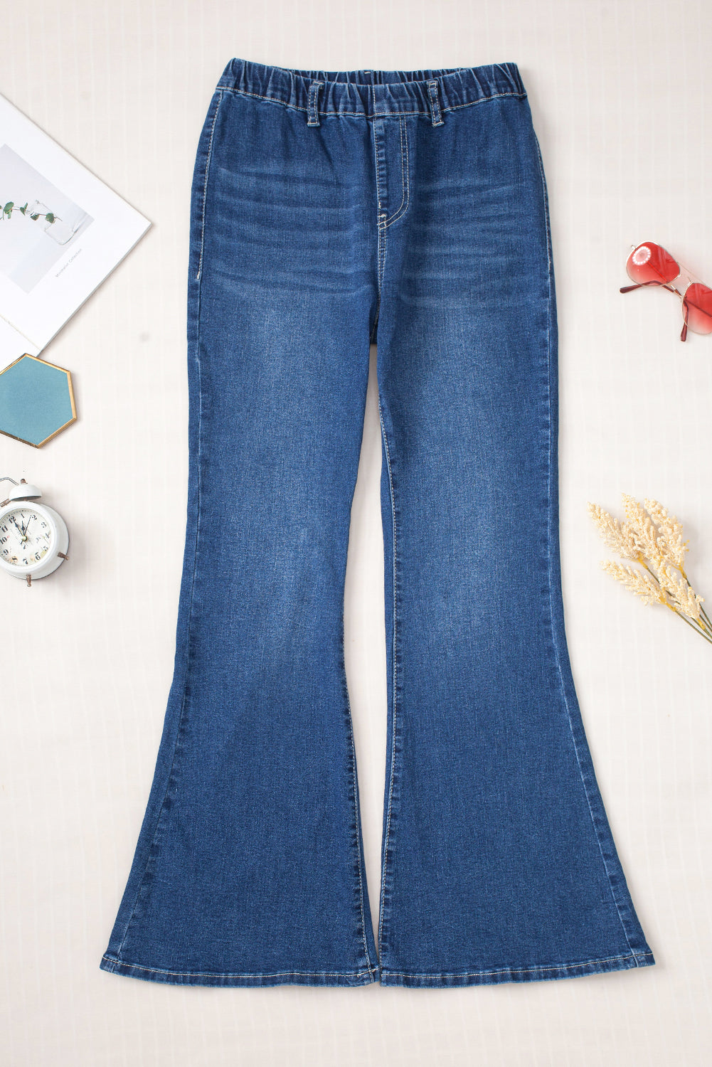 Blue Elastic High Waist Flare Jeans - SELFTRITSS