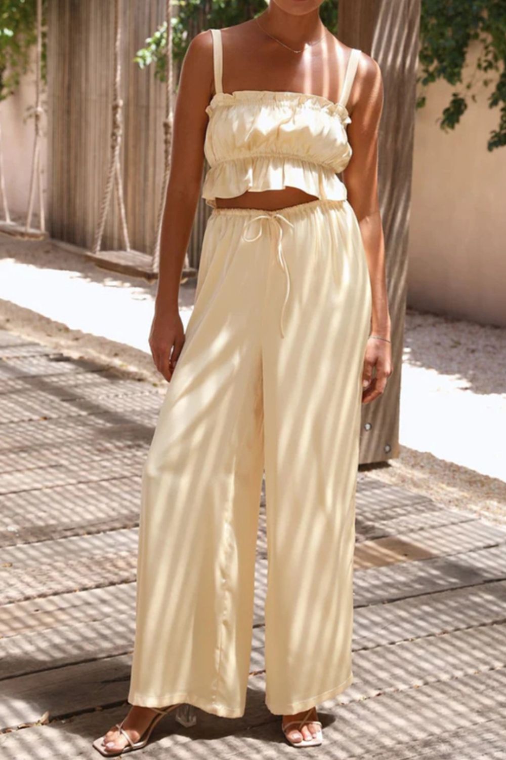 Ruffled Sleeveless Top and Wide Leg Pants Set - SELFTRITSS   