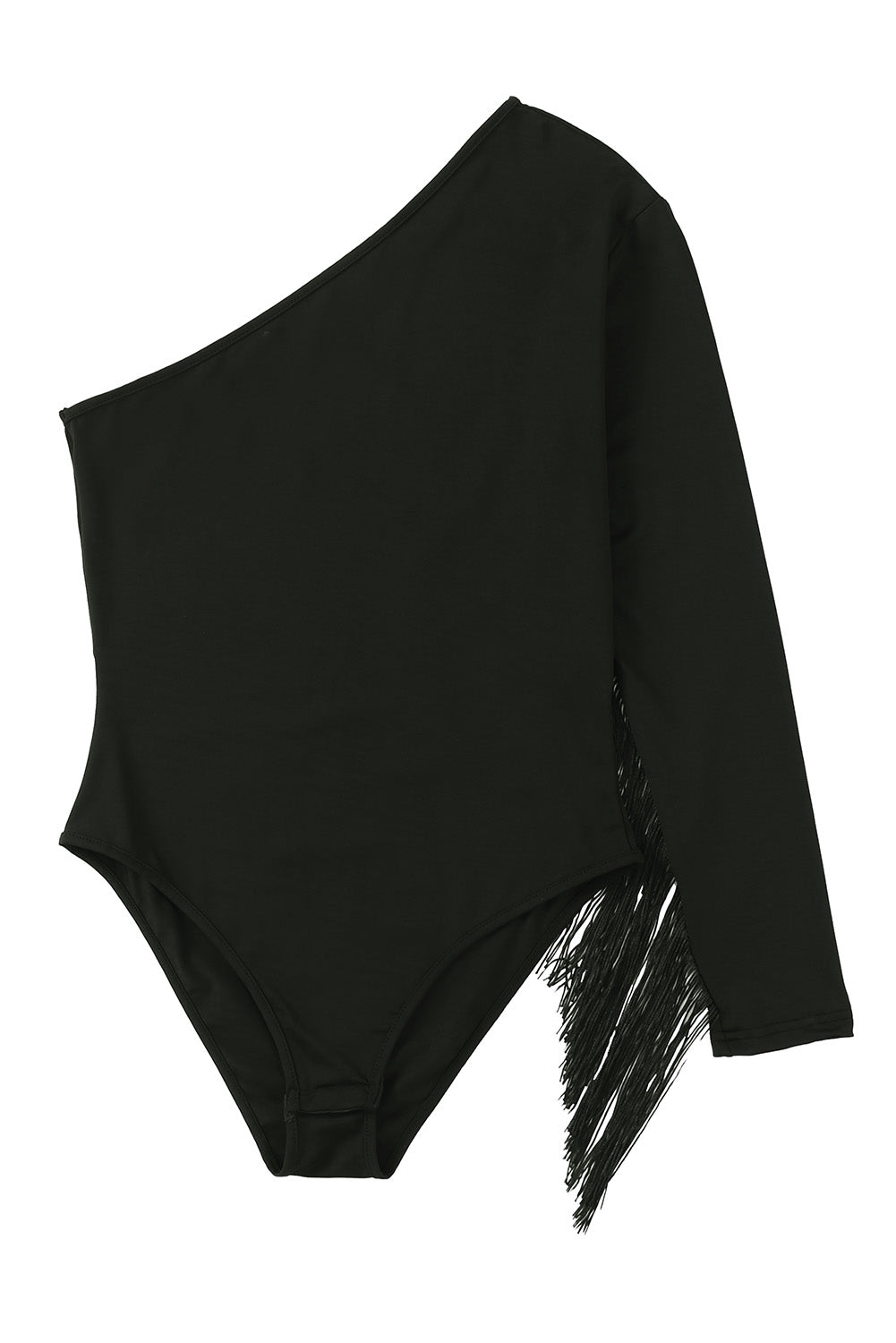 Black One Shoulder Fringed Long Sleeve Bodysuit - SELFTRITSS