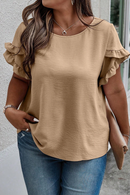 Light French Beige Ruffled Short Sleeve Plus Size Top - SELFTRITSS