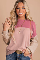 Pink Color Block Long Sleeve Ribbed Loose Top - SELFTRITSS   