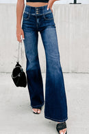 Blue Buttons Elastic Wide Waistband Back Flare Jeans - SELFTRITSS
