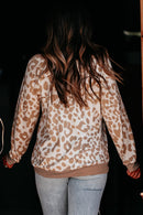 Khaki Printed Plus Size Leopard Print Boat Neck Long Sleeve Top - SELFTRITSS   