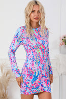 Sky Blue Floral Print Crossed Hem Long Sleeve Mini Dress - SELFTRITSS