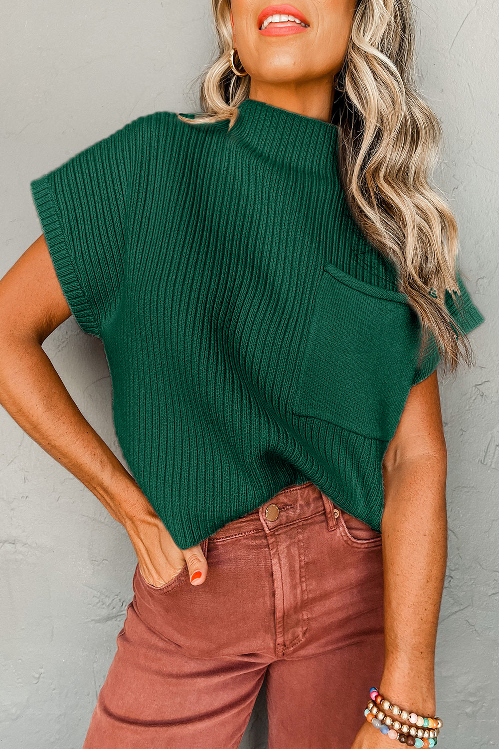 Blackish Green Patch Pocket Ribbed Knit Short Sleeve Sweater - SELFTRITSS   