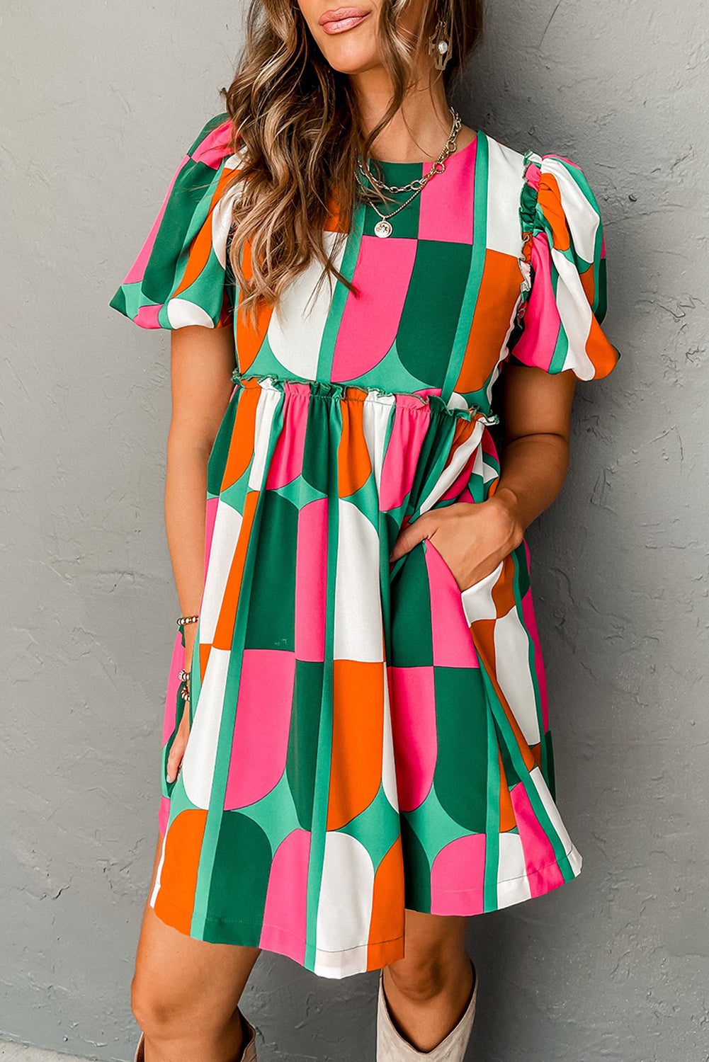 Green Abstract Print Puff Sleeve Short Dress - SELFTRITSS