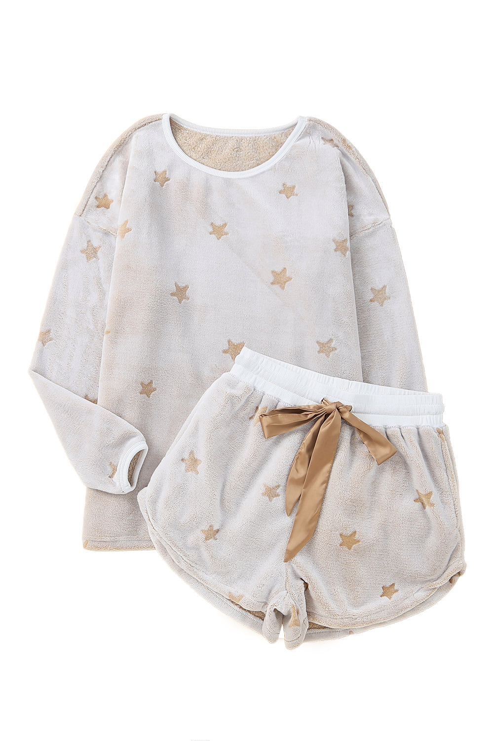 White Plush Star Pattern Long Sleeve Pullover and Shorts Lounge Set - SELFTRITSS