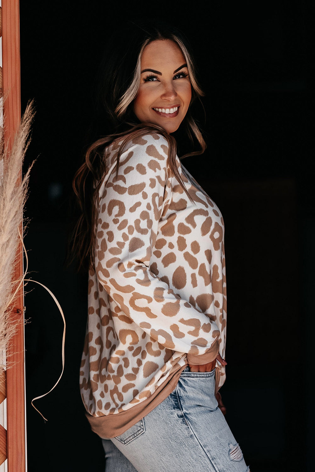 Khaki Printed Plus Size Leopard Print Boat Neck Long Sleeve Top - SELFTRITSS   