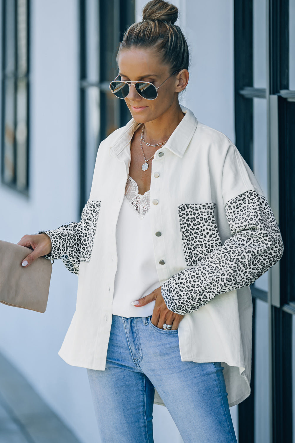 White Contrast Leopard Denim Jacket - SELFTRITSS
