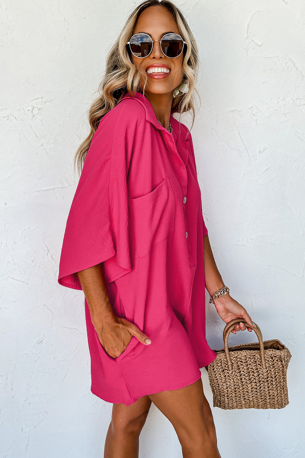 Bright Pink Half Button Collared Loose Romper - SELFTRITSS   