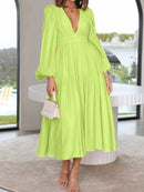 Deep V-Neck Balloon Sleeve Plain Maxi Dress - SELFTRITSS   