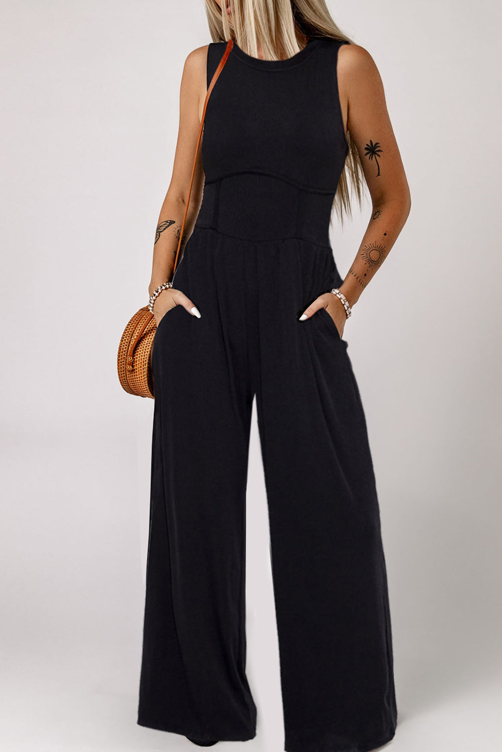 Black Cinched Waist Sleeveless Wide Leg Jumpsuit - SELFTRITSS