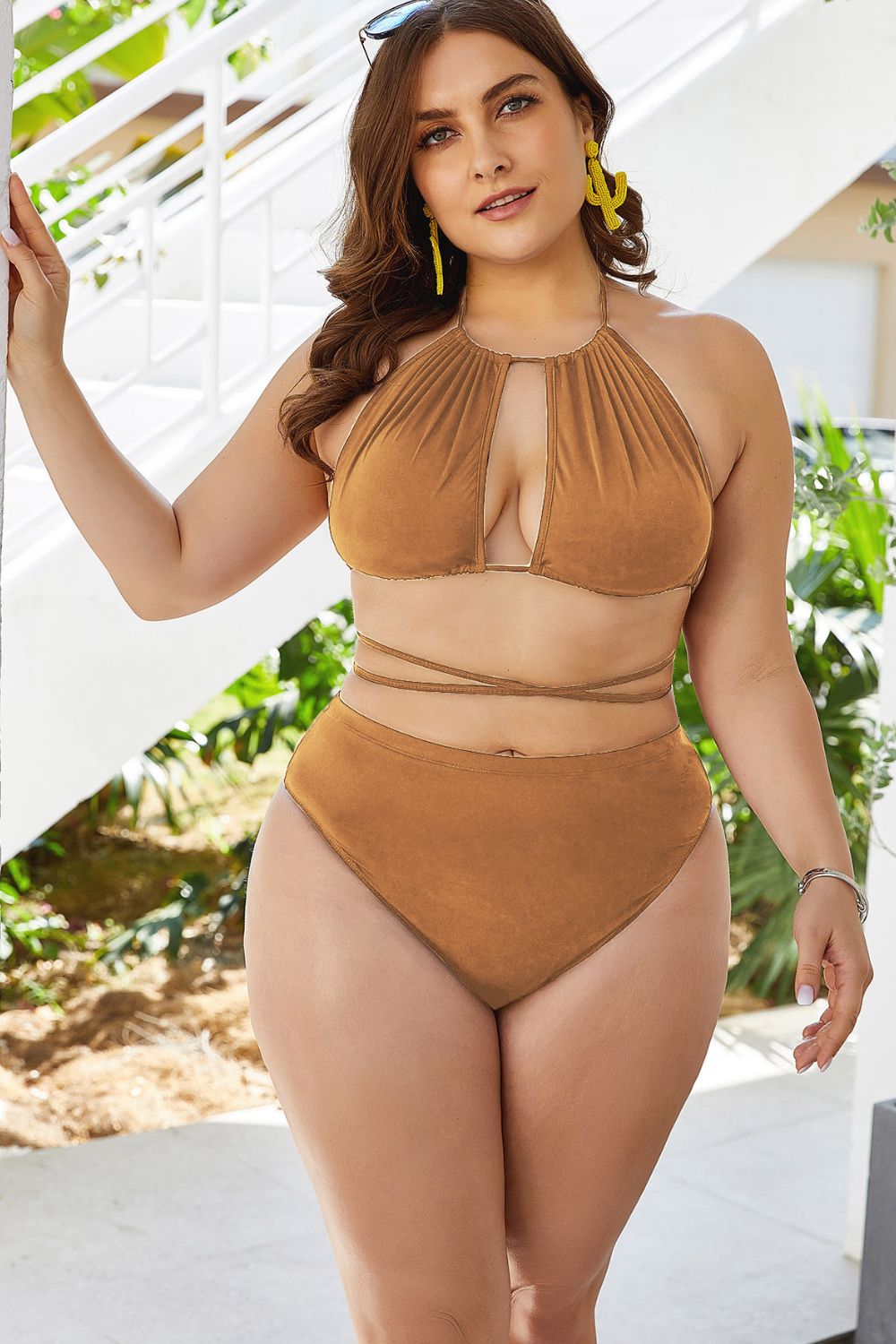 Plus Size Cutout Tied Backless Bikini Set - SELFTRITSS   