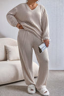 Parchment Plus Size Ribbed V Neck Pullover and Pants Set - SELFTRITSS