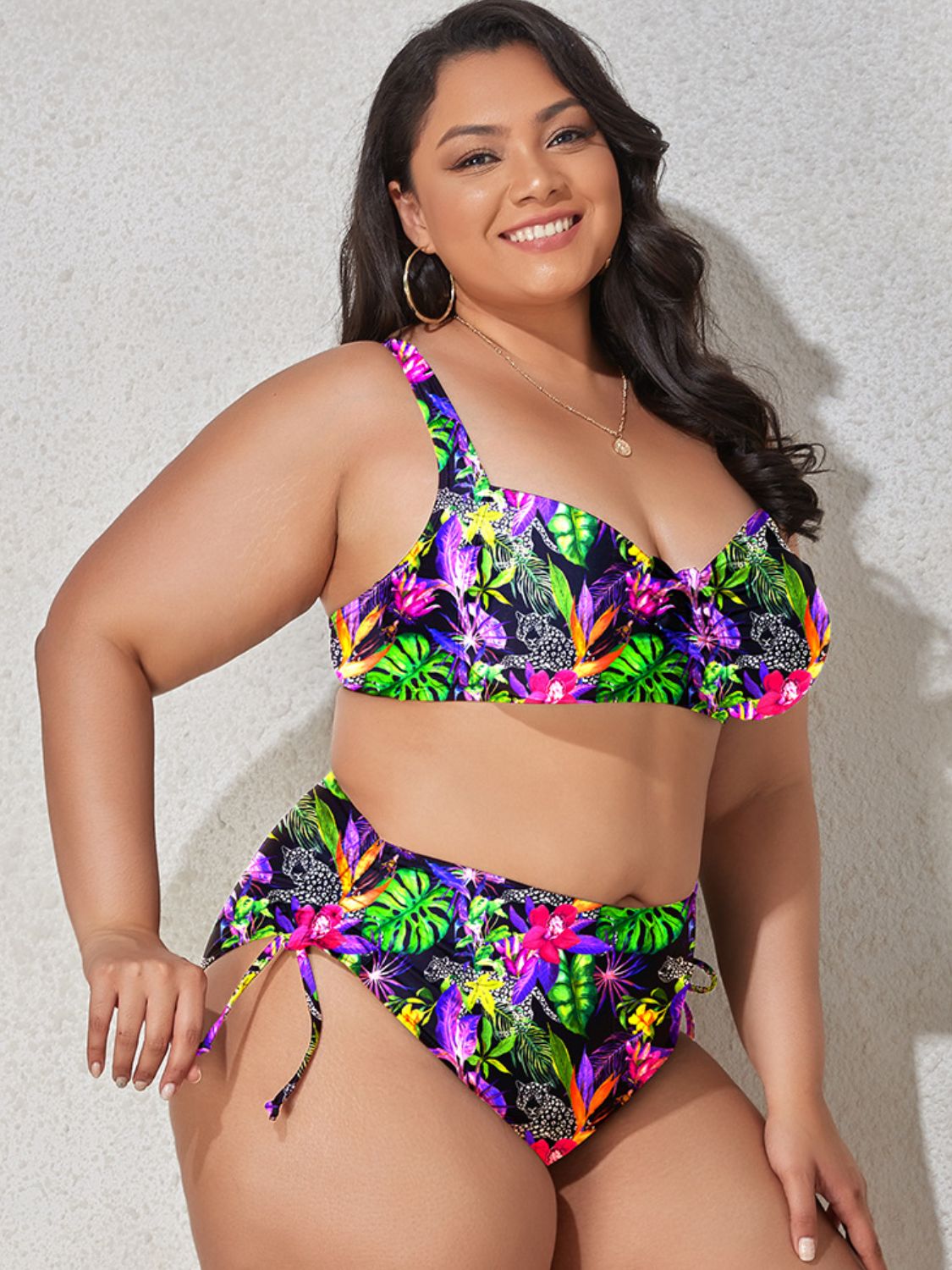 Plus Size Printed Drawstring Detail Bikini Set - SELFTRITSS   