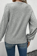 Light Grey Buttoned V Neck Ribbed Puff Sleeve Top - SELFTRITSS   