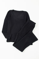 Black Ribbed Knit V Neck Slouchy Two-piece Outfit - SELFTRITSS   