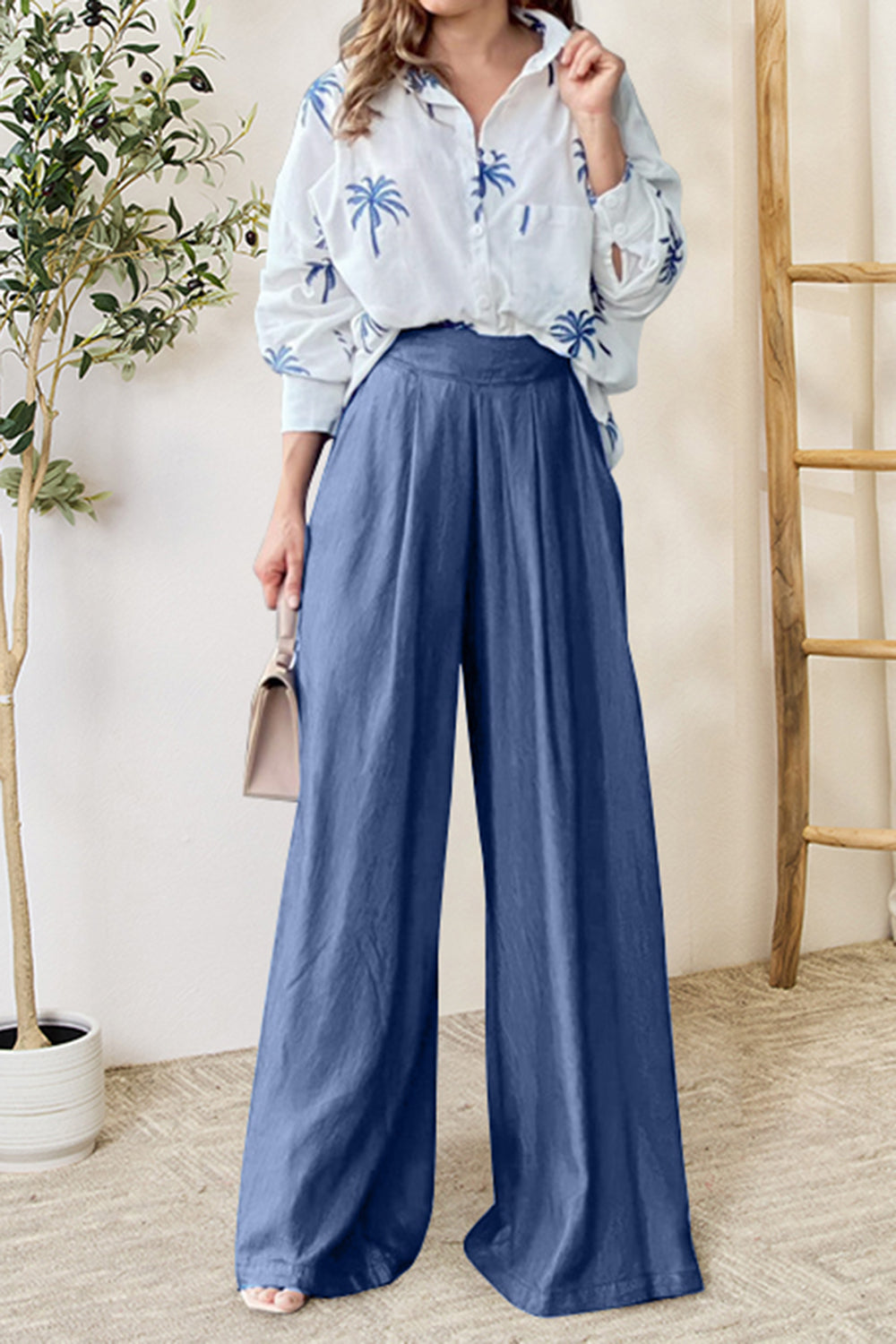 Pocketed Dropped Shoulder Shirt and Wide Leg Pants Set