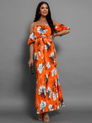 Pleated Floral Off-Shoulder Short Sleeve Midi Dress - SELFTRITSS   