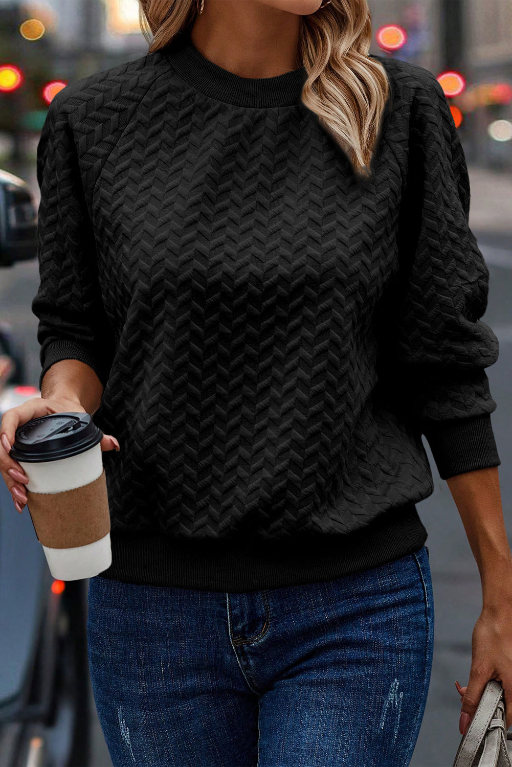 Black Solid Textured Raglan Sleeve Pullover Sweatshirt - SELFTRITSS
