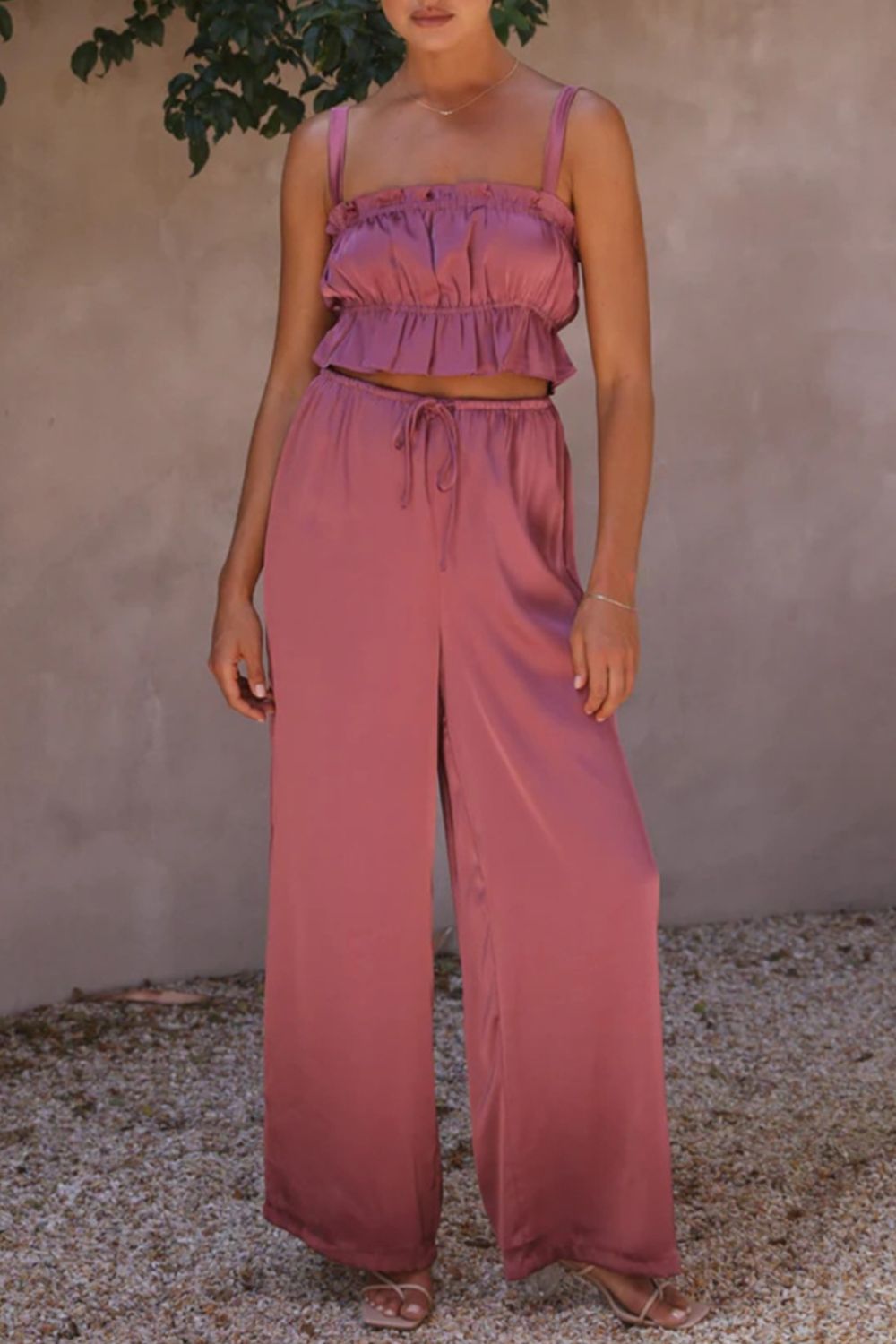 Ruffled Sleeveless Top and Wide Leg Pants Set - SELFTRITSS   