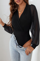 Black Solid Color V Neck Wrap Mesh Sleeves Bodysuit - SELFTRITSS