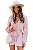 Pink Ripped Surplice V Neck Bubble Sleeve Romper - SELFTRITSS