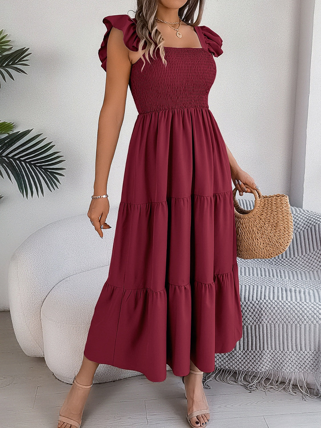 Smocked Square Neck Cap Sleeve Midi Dress - SELFTRITSS   