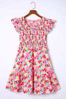 Multicolor Smocked Bodice Ruffle Trim Floral Dress - SELFTRITSS