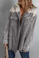 Gray Color Block Button Down Hooded Corduroy Jacket - SELFTRITSS   