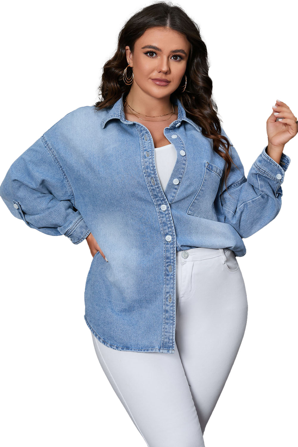 Sky Blue Plus Size Chest Pocket Button-Up Denim Shacket - SELFTRITSS