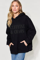 Simply Love Full Size CAFFEINE&CHAOS Graphic Drawstring Long Sleeve Hoodie - SELFTRITSS