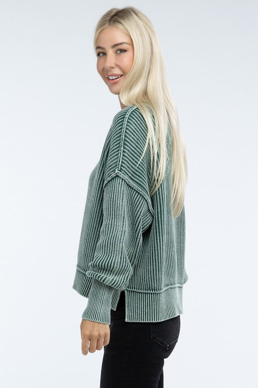 Sage Washed Side Slit Oversized Cropped Sweater