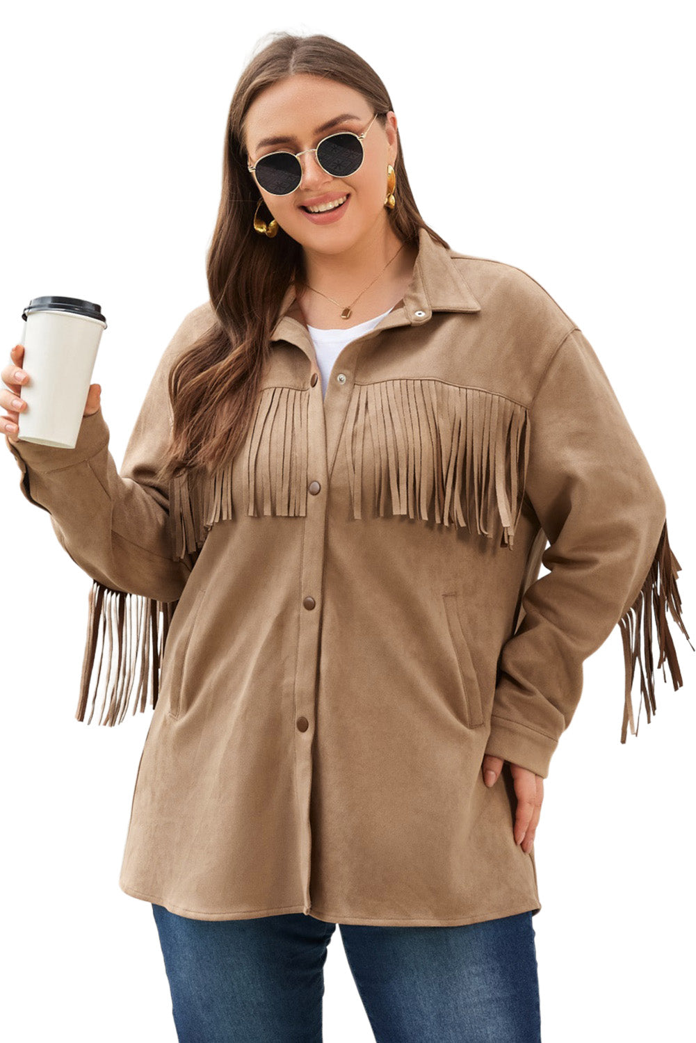 Khaki Fringe Trim Plus Size Suede Shacket - SELFTRITSS