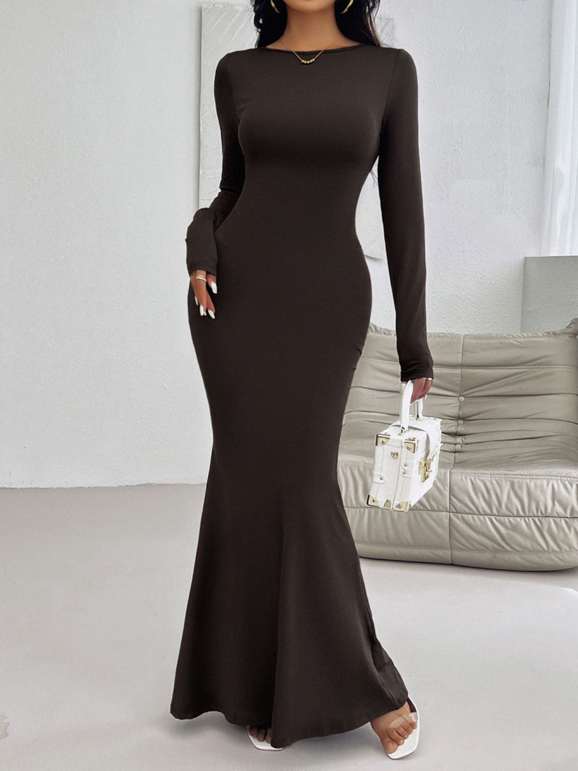 Devine Backless Round Neck Long Sleeve Maxi Dress - SELFTRITSS   