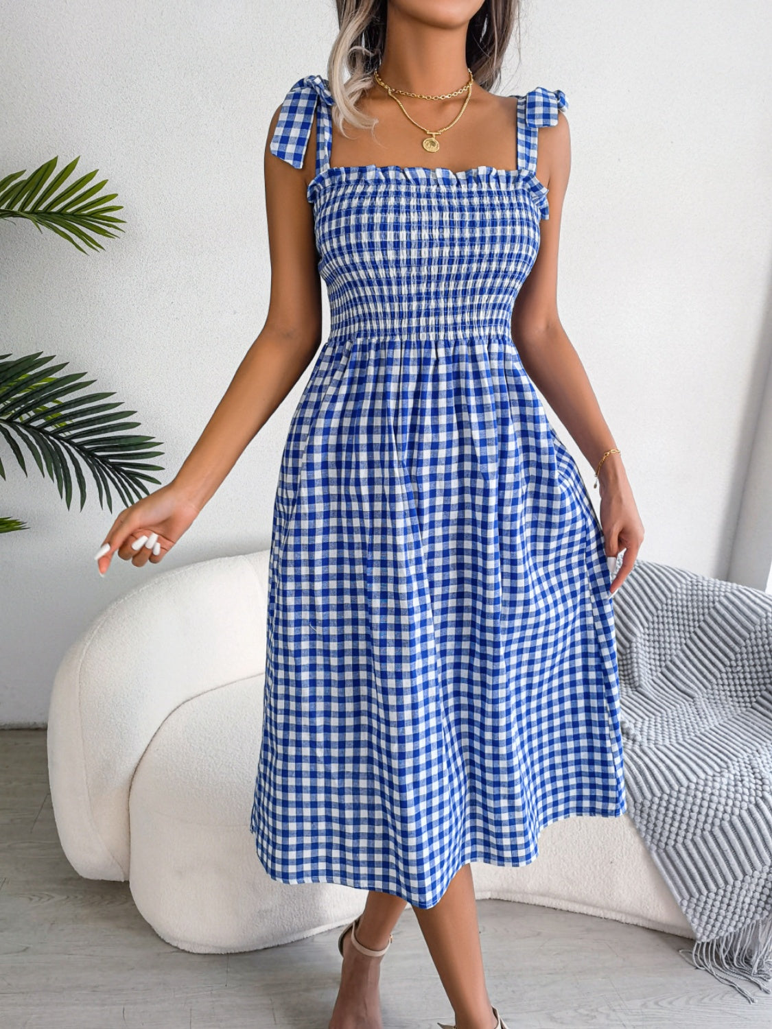 Frill Plaid Square Neck Midi Dress - SELFTRITSS   