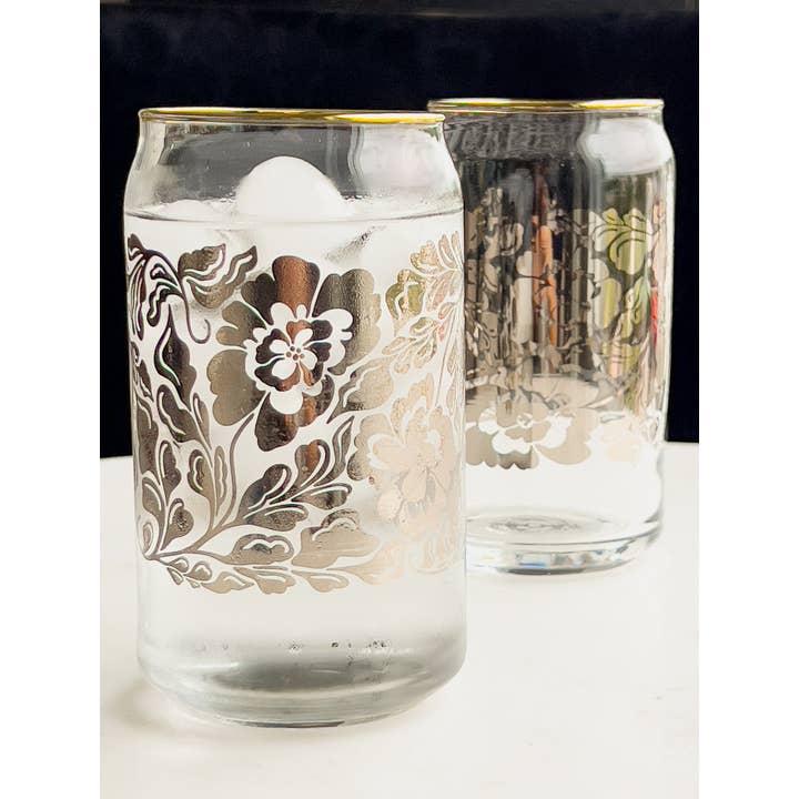 Silver Floral 16 oz Soda Can Glass Set of 2